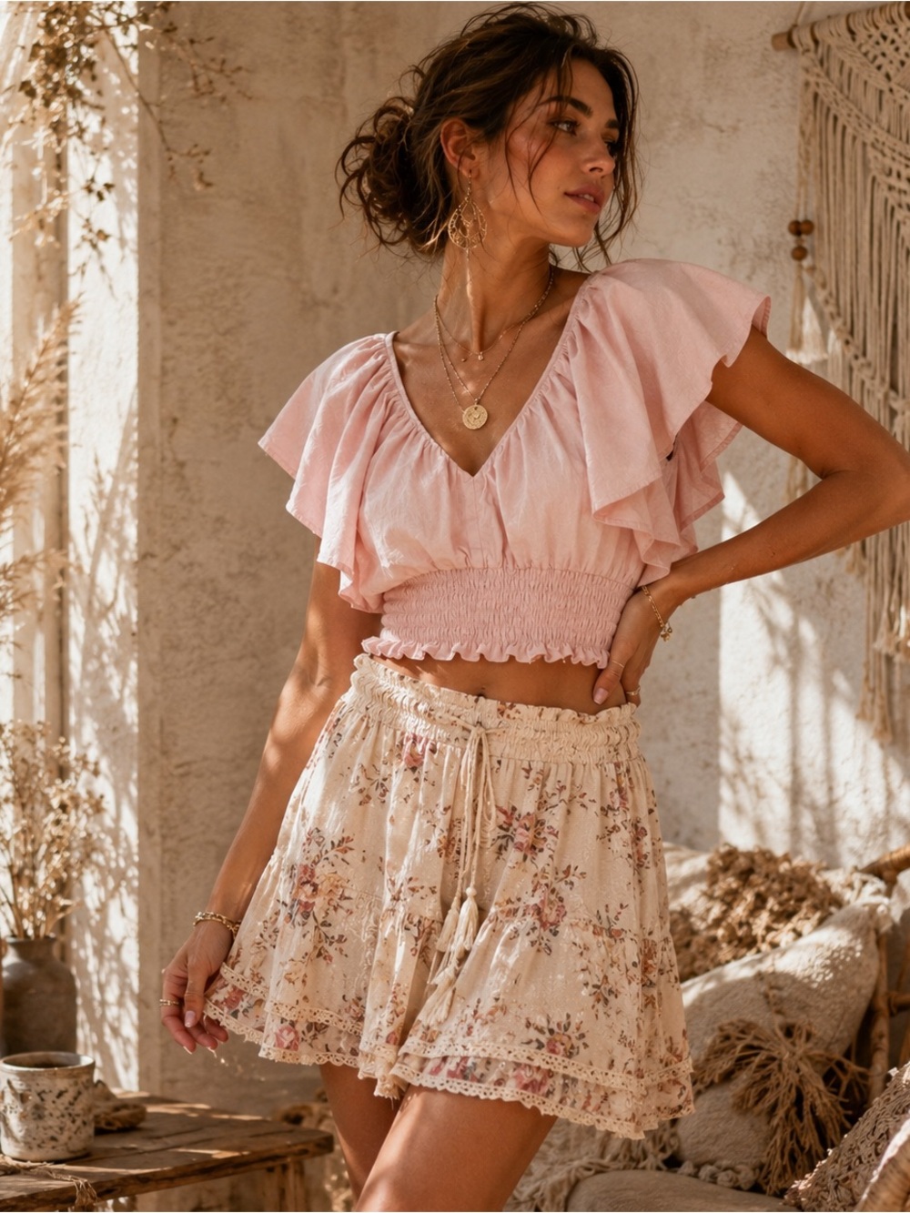 Open Edit Linen Blend Flutter Sleeve Smocked Crop Top Blush Pink M